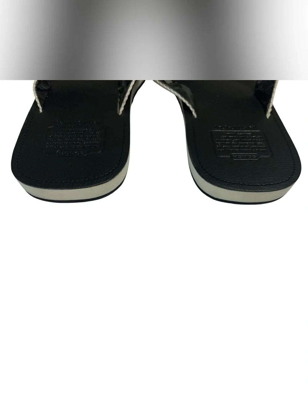 Coach Men's Black Flip Flops with khaki and black Stripe Webbing